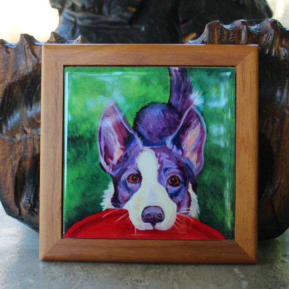 Hand Painted Black and white cattle dog Framed Art Tile 7.5" x 7.5" Framed - Picture 4 of 5